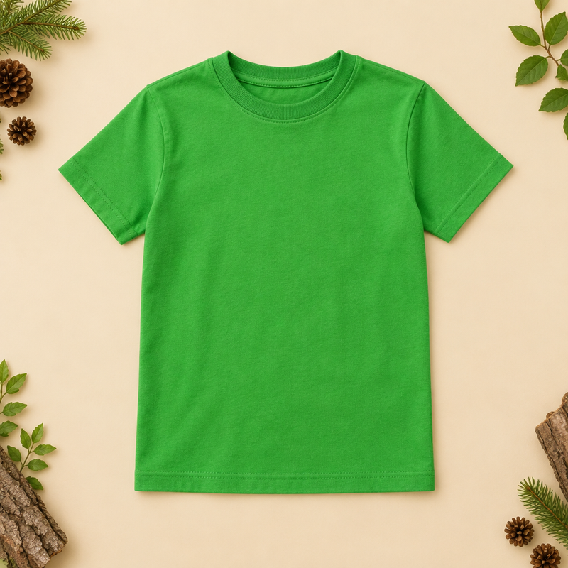 Bright green boys tee on a woodland-style neutral background
